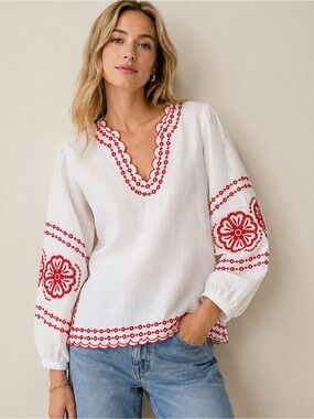 J.Crew Bungalow Embroidered Linen Top Small White Red Floral Scallop BR741